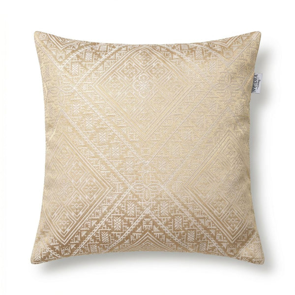 Coussin Beldi brodé or et écru, broderie marocaine de Fès à motifs losanges et rosaces, 45×45 cm — Nwidea Living