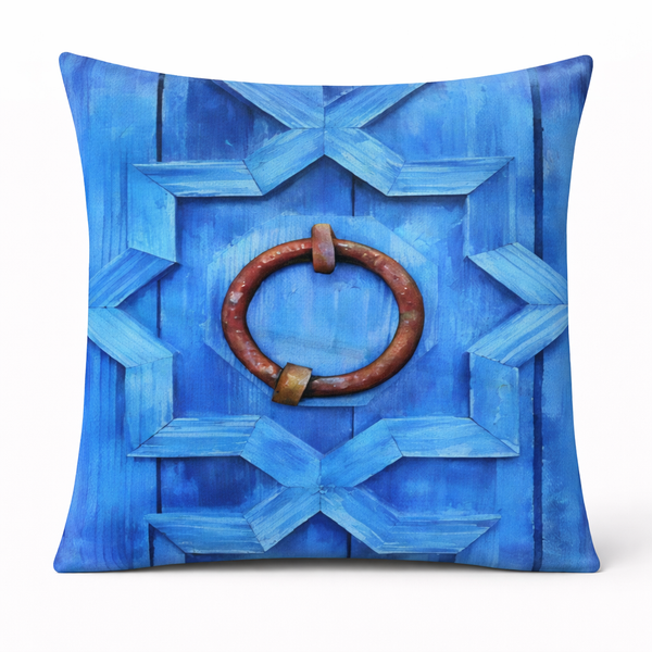 Azure Door — Coussin carré décoratif en velours 45×45 cm