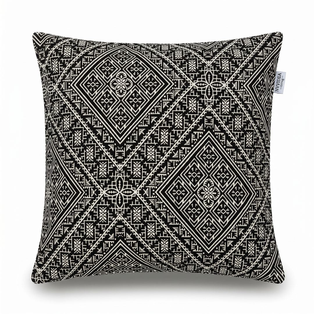 Coussin Beldi FÈS — Brodé Noir & Ivoire (45×45 cm)