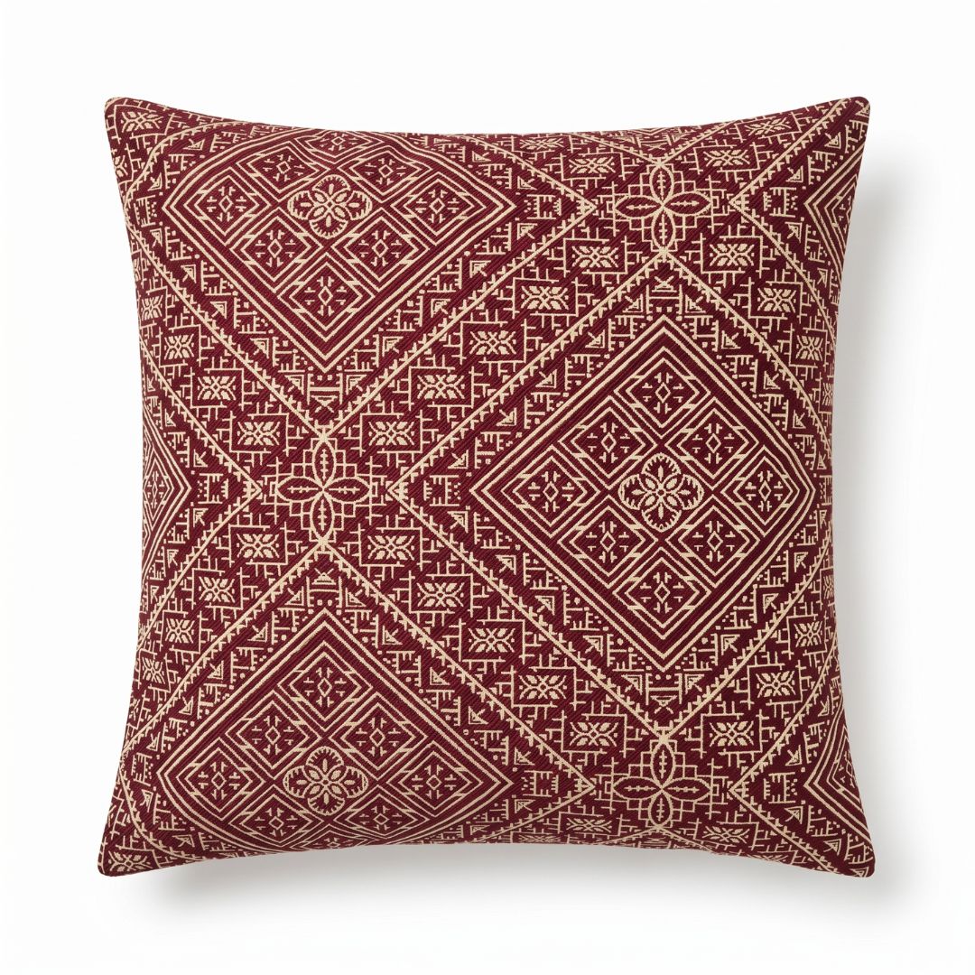 Coussin Beldi FÈS — Brodé Grenat & Écru (45×45 cm)