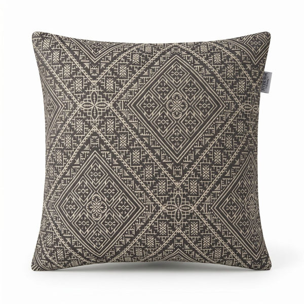 Coussin Beldi brodé gris anthracite et écru, broderie marocaine de Fès à motifs losanges et rosaces, 45×45 cm — Nwidea Living